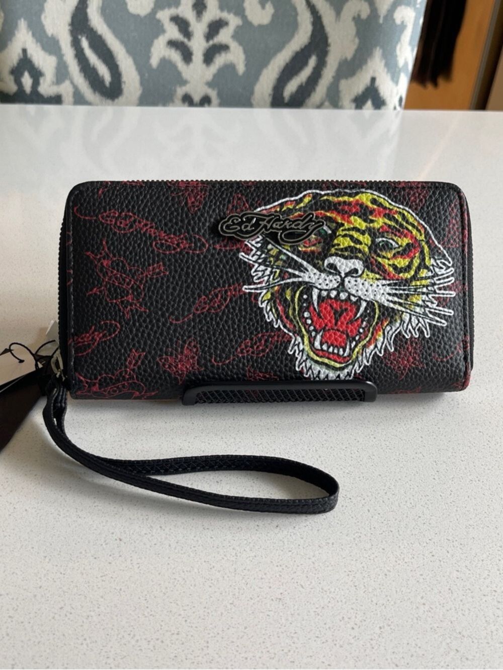 NWT Ed Hardy Black Wristlet Wallet with Tiger and Red Accents
